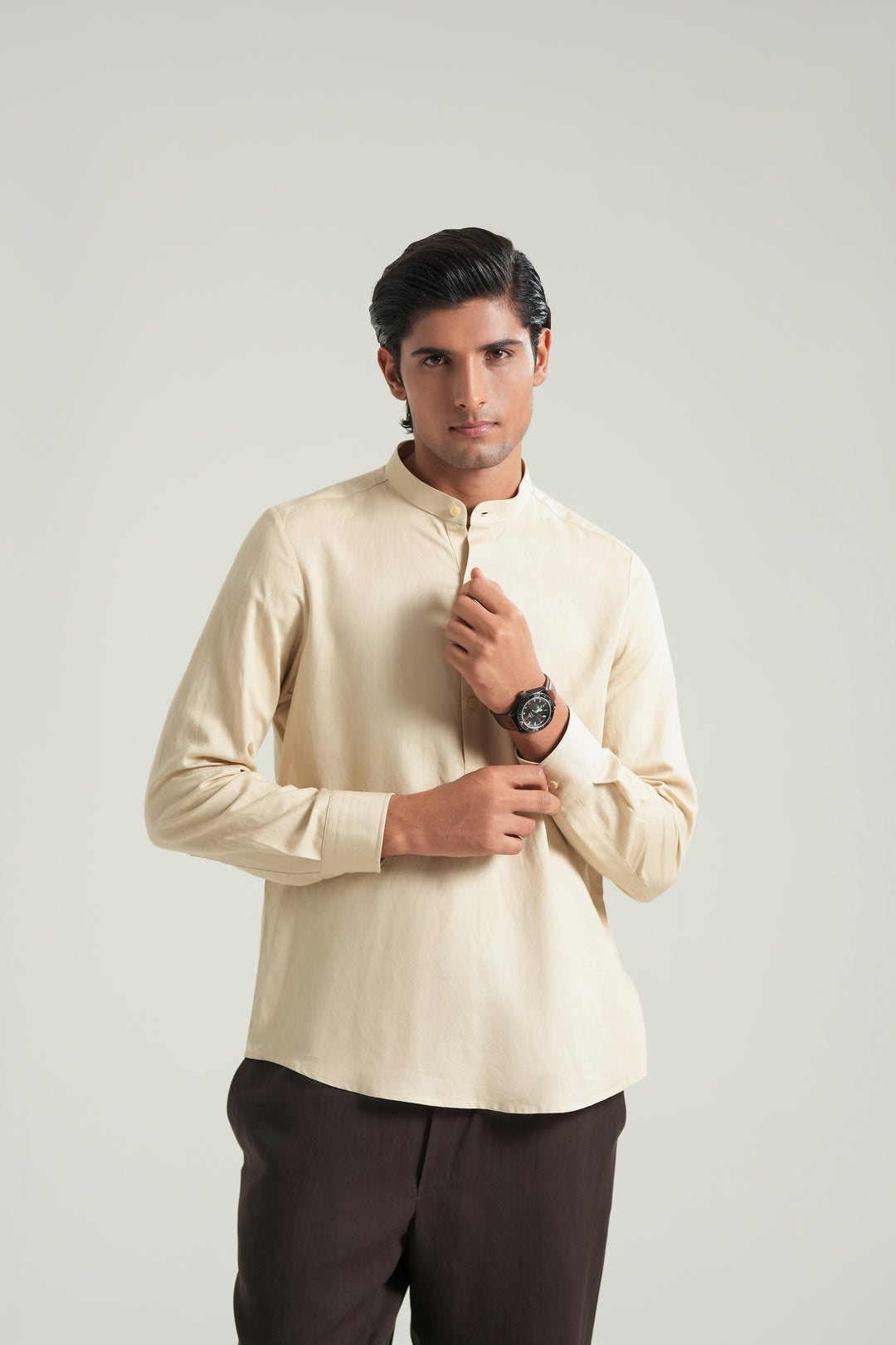 Beige Mao Collar Linen Shirt