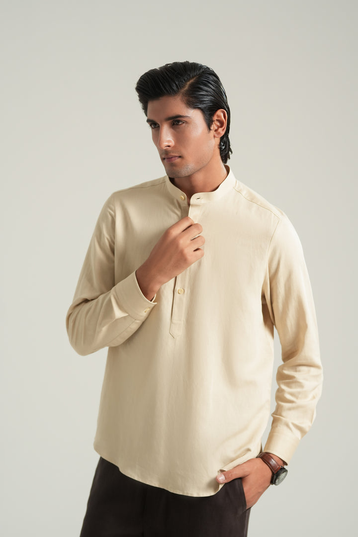 Beige Mao Collar Linen Shirt