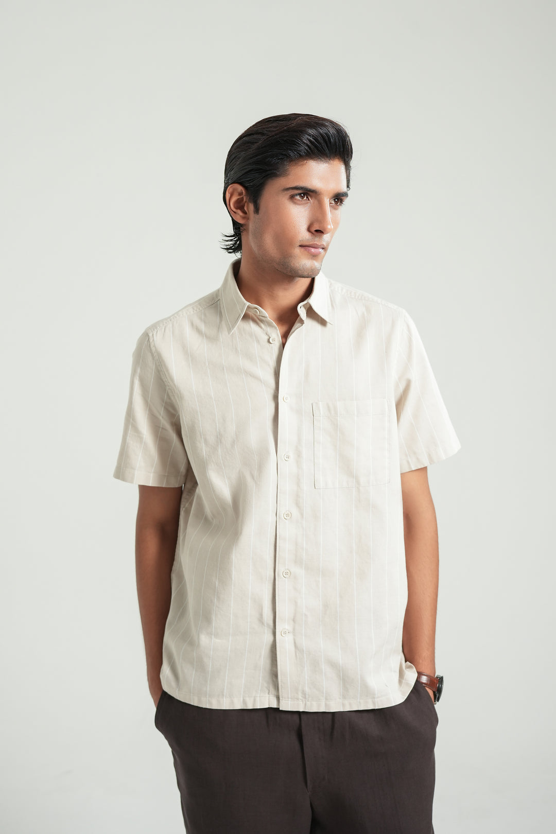 Beige Striped Short Sleeves Shirt