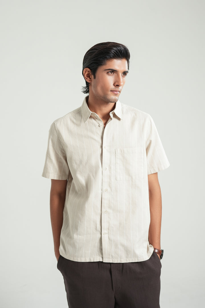 Beige Striped Short Sleeves Shirt