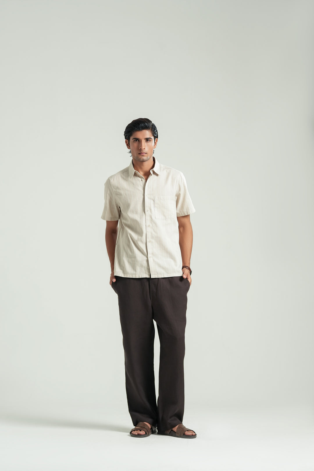 Beige Striped Short Sleeves Shirt