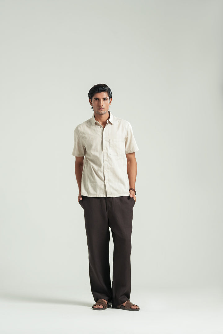 Beige Striped Short Sleeves Shirt