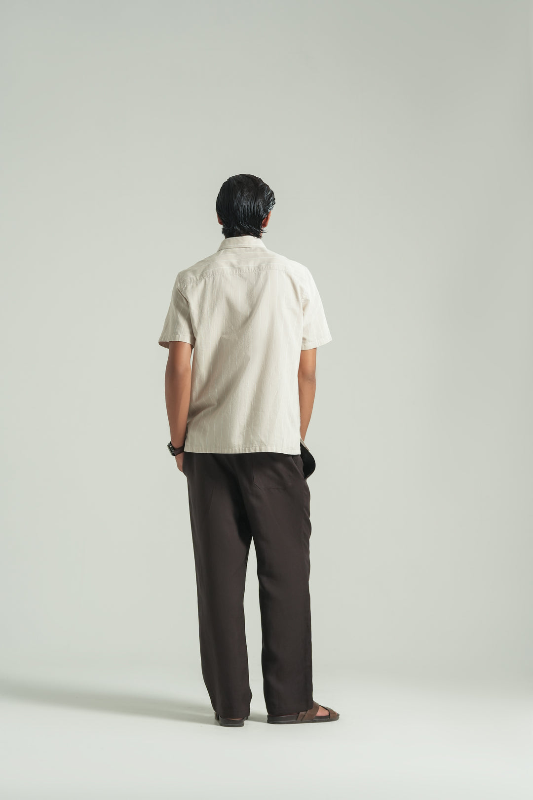 Beige Striped Short Sleeves Shirt
