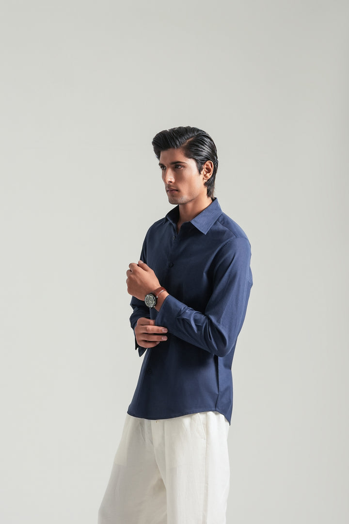 Navy Blue Linen Blend Shirt