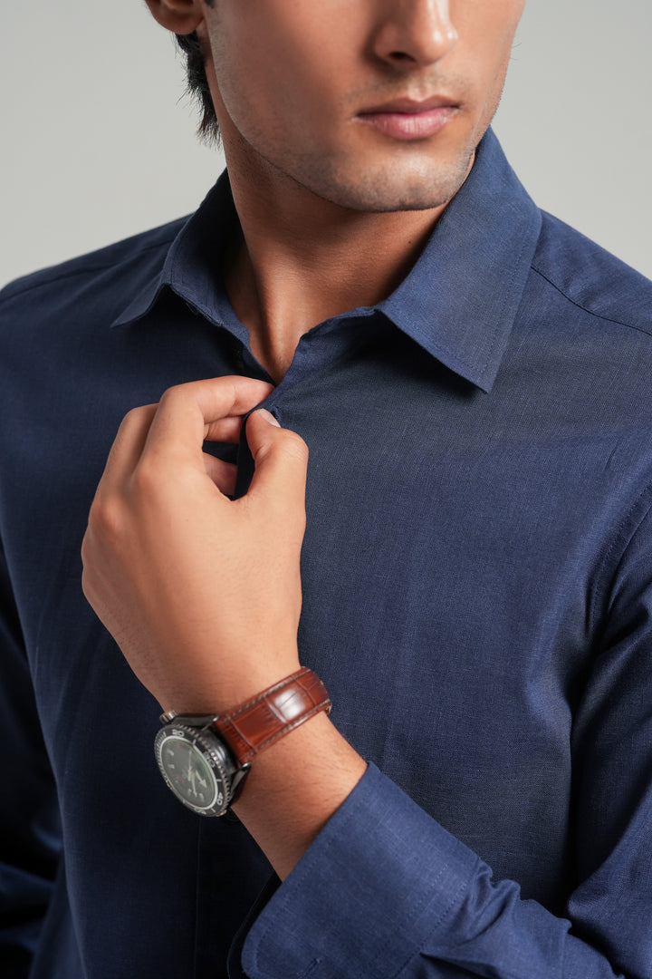 Navy Blue Linen Blend Shirt