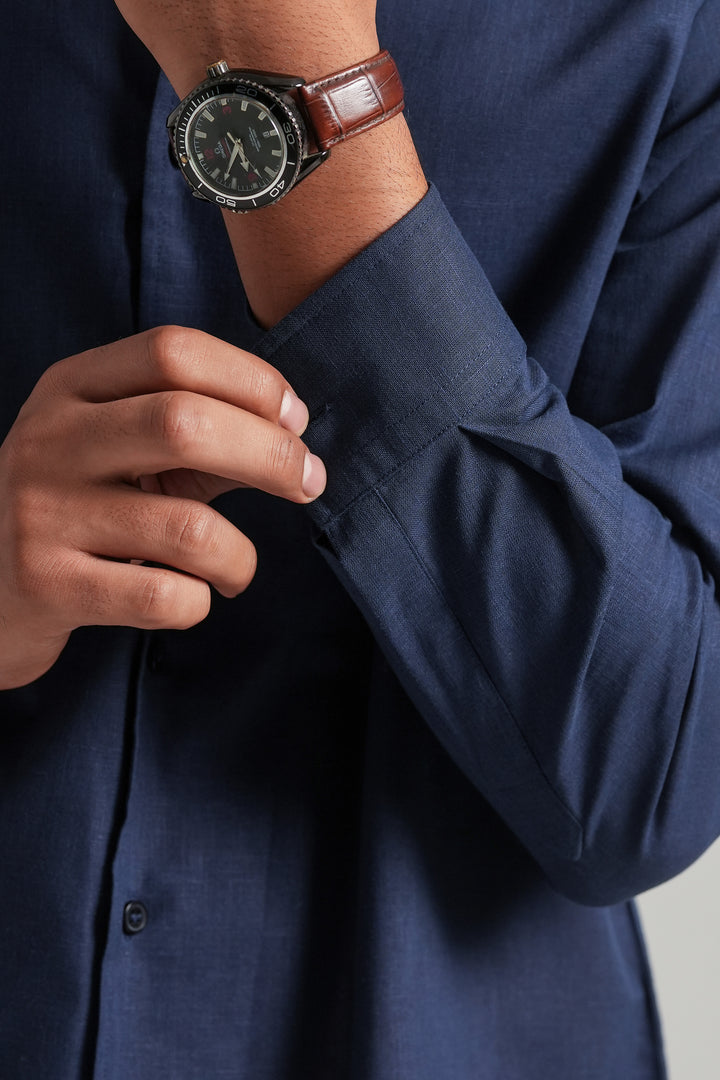 Navy Blue Linen Blend Shirt