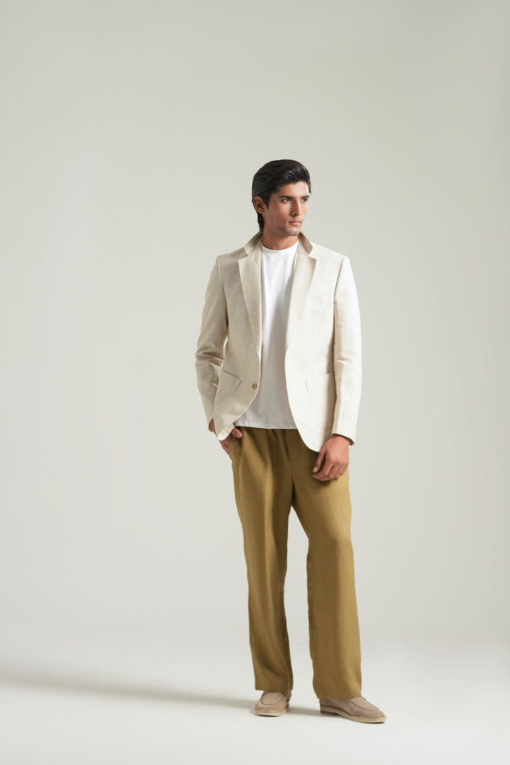 Beige Striped Linen Blazer