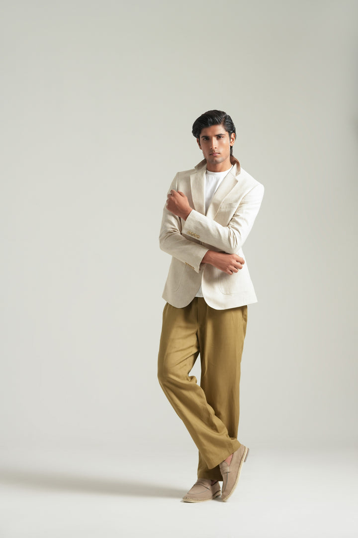 Beige Striped Linen Blazer