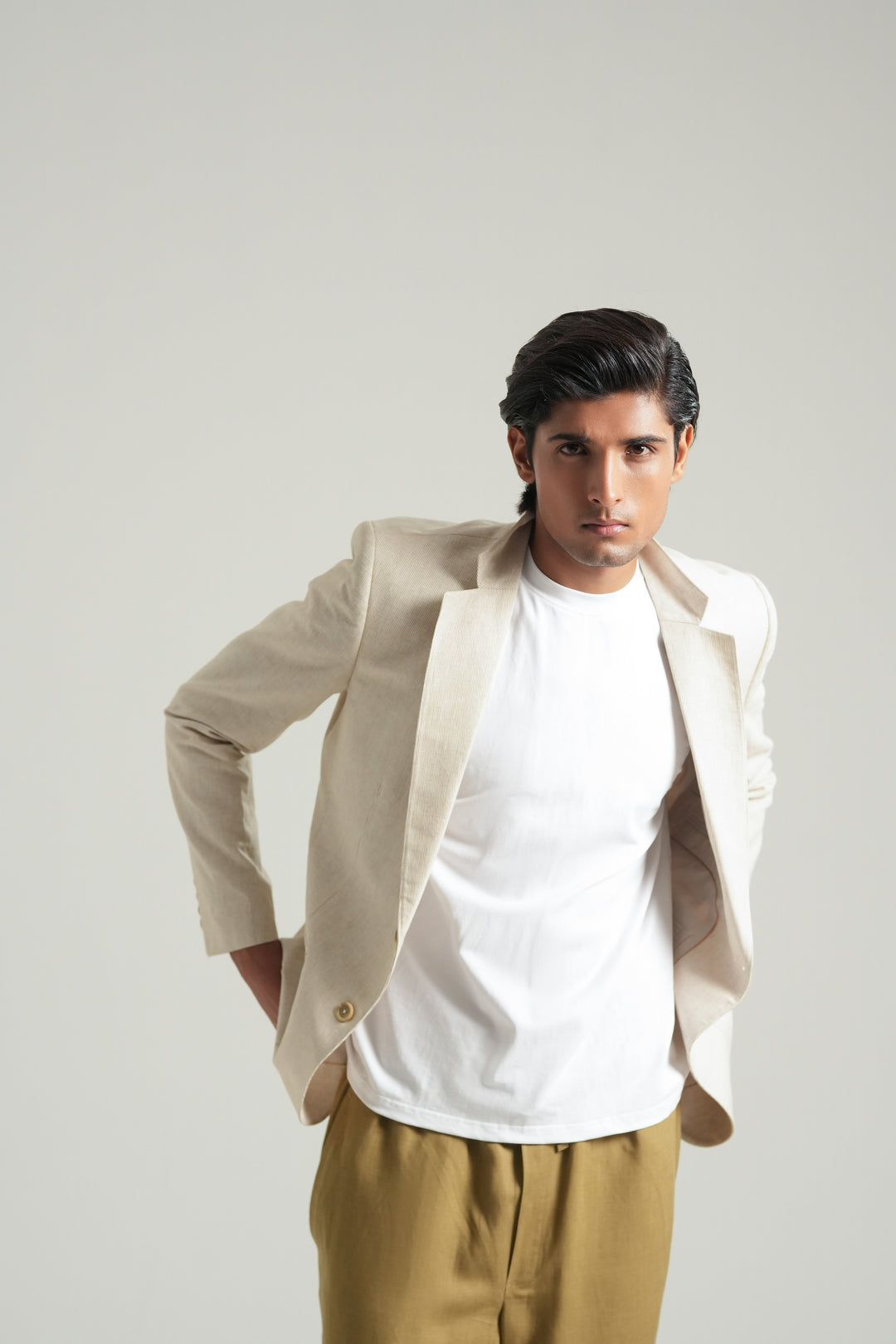 Beige Striped Linen Blazer