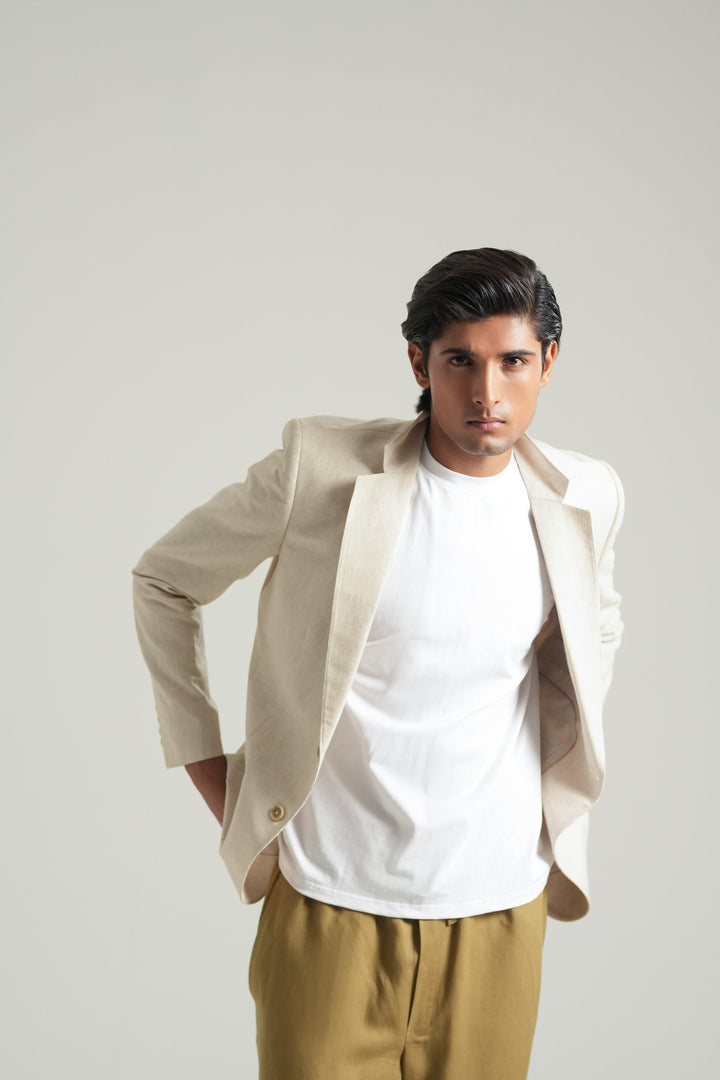 Beige Striped Linen Blazer