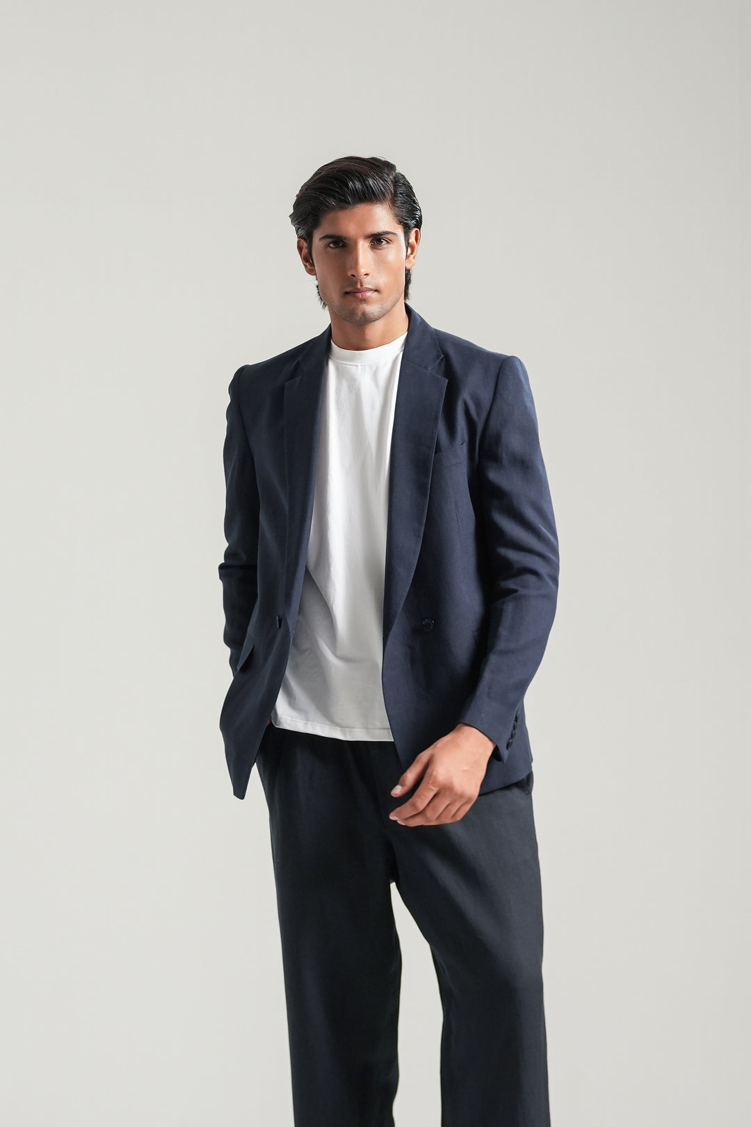 Navy Blue Linen Loose Fit Trouser