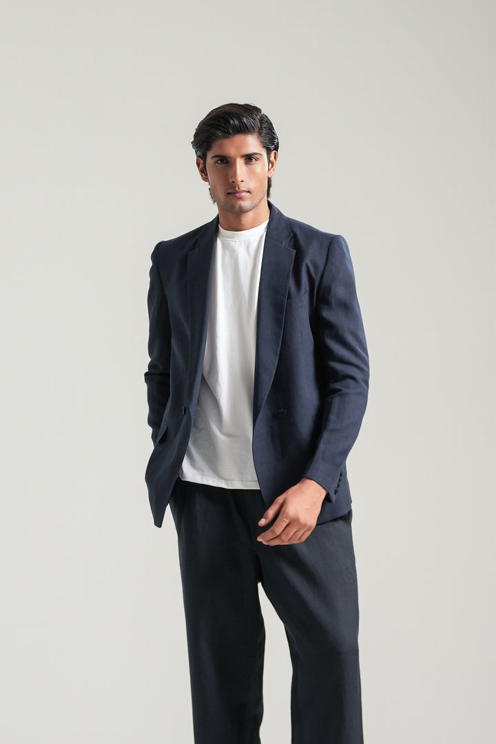 Navy Blue Linen Loose Fit Trouser