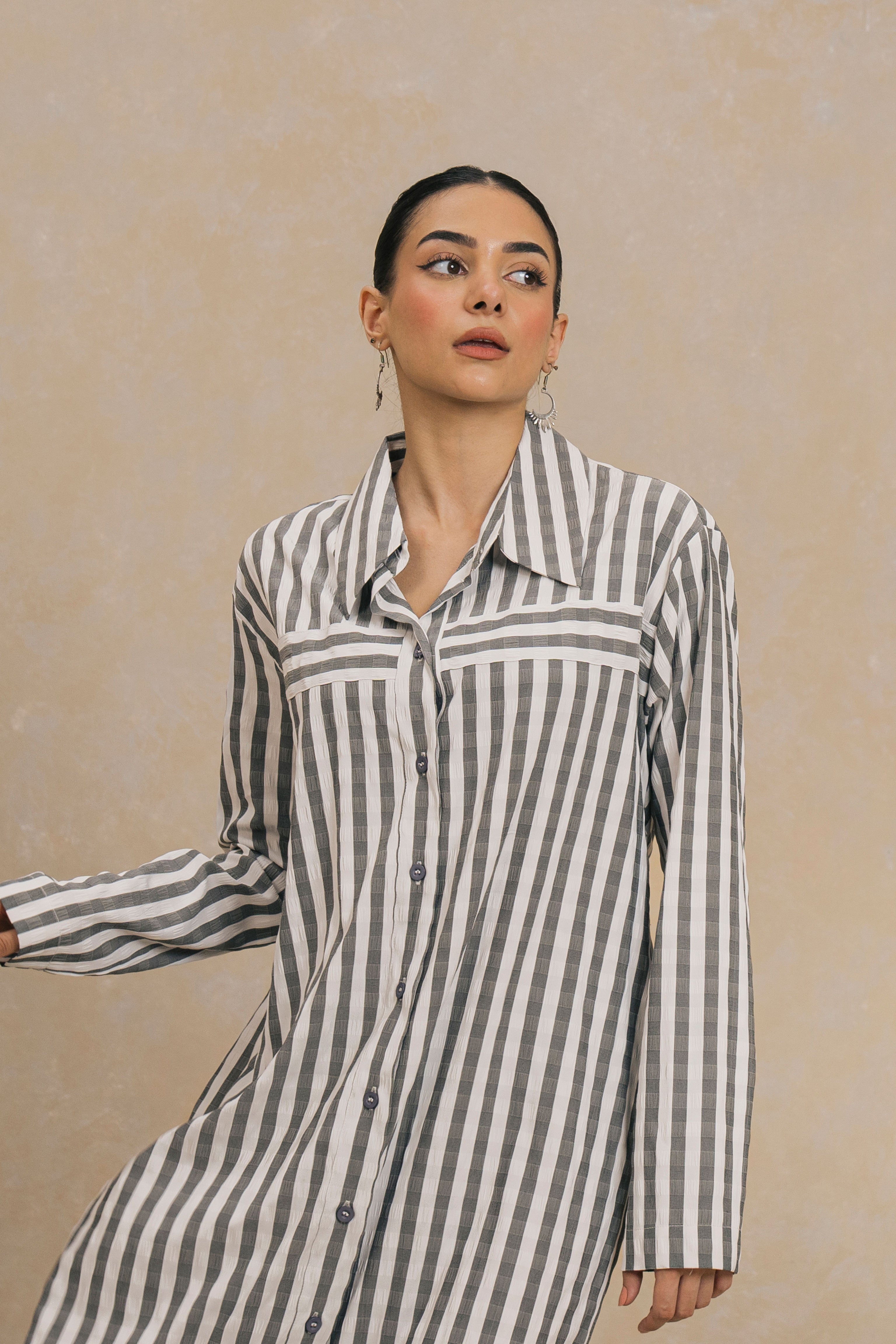 Charcoal Striped Long Dress