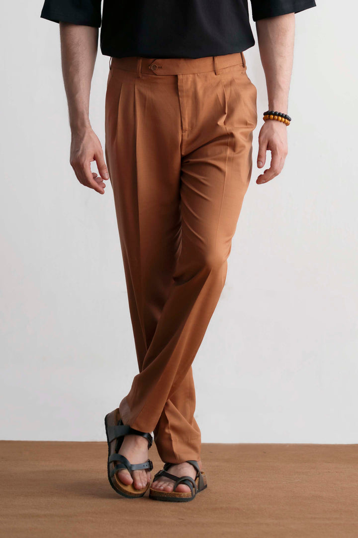 Tan Brown Linen Pleated Trouser