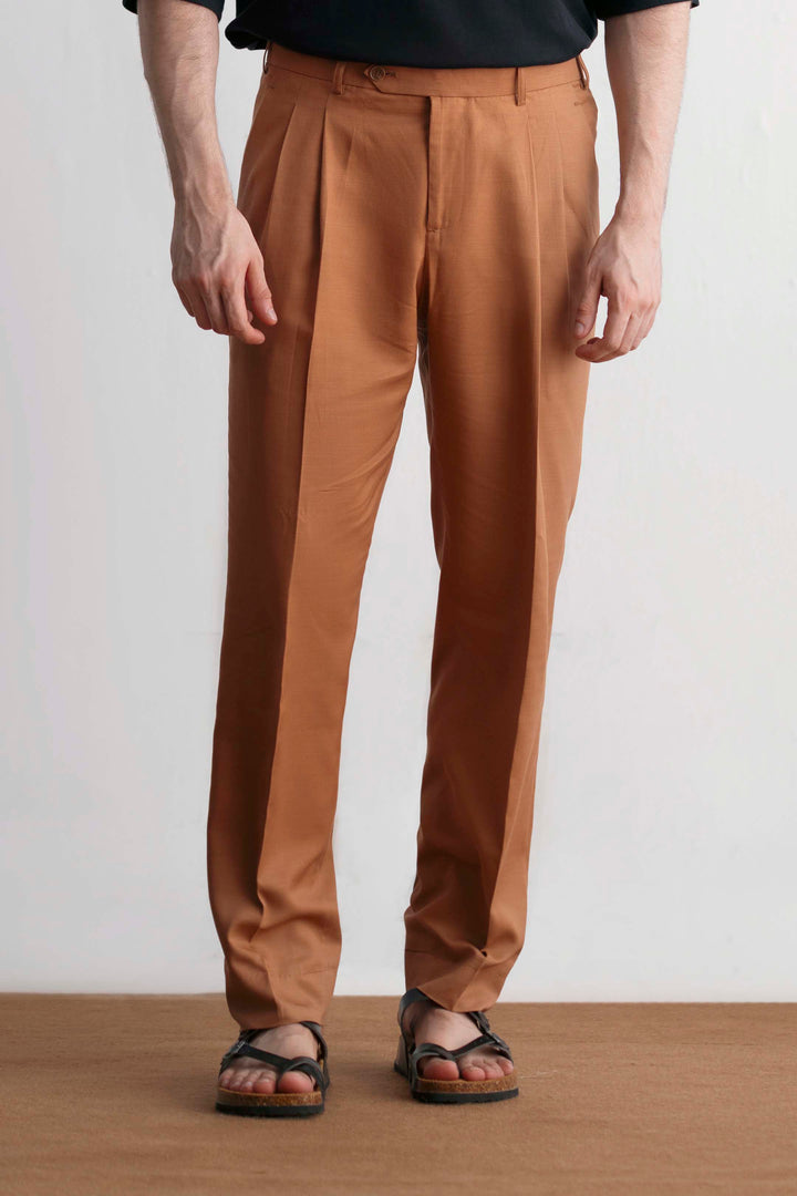 Tan Brown Linen Pleated Trouser