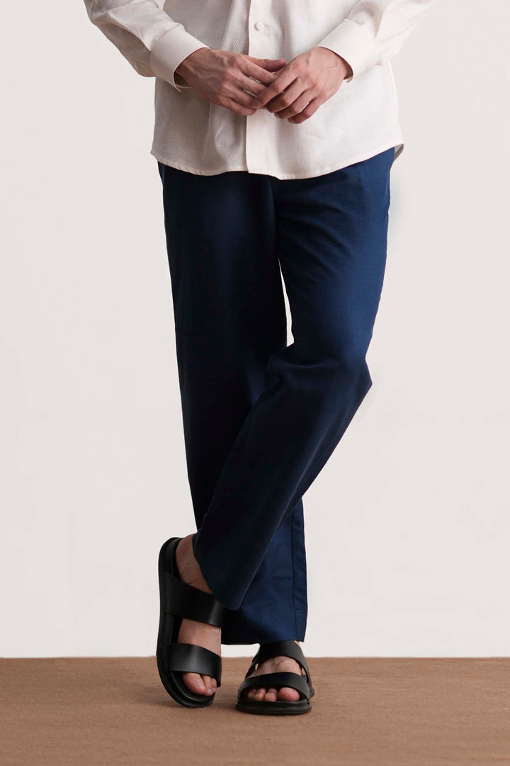 Navy Straight Fit Linen Trouser