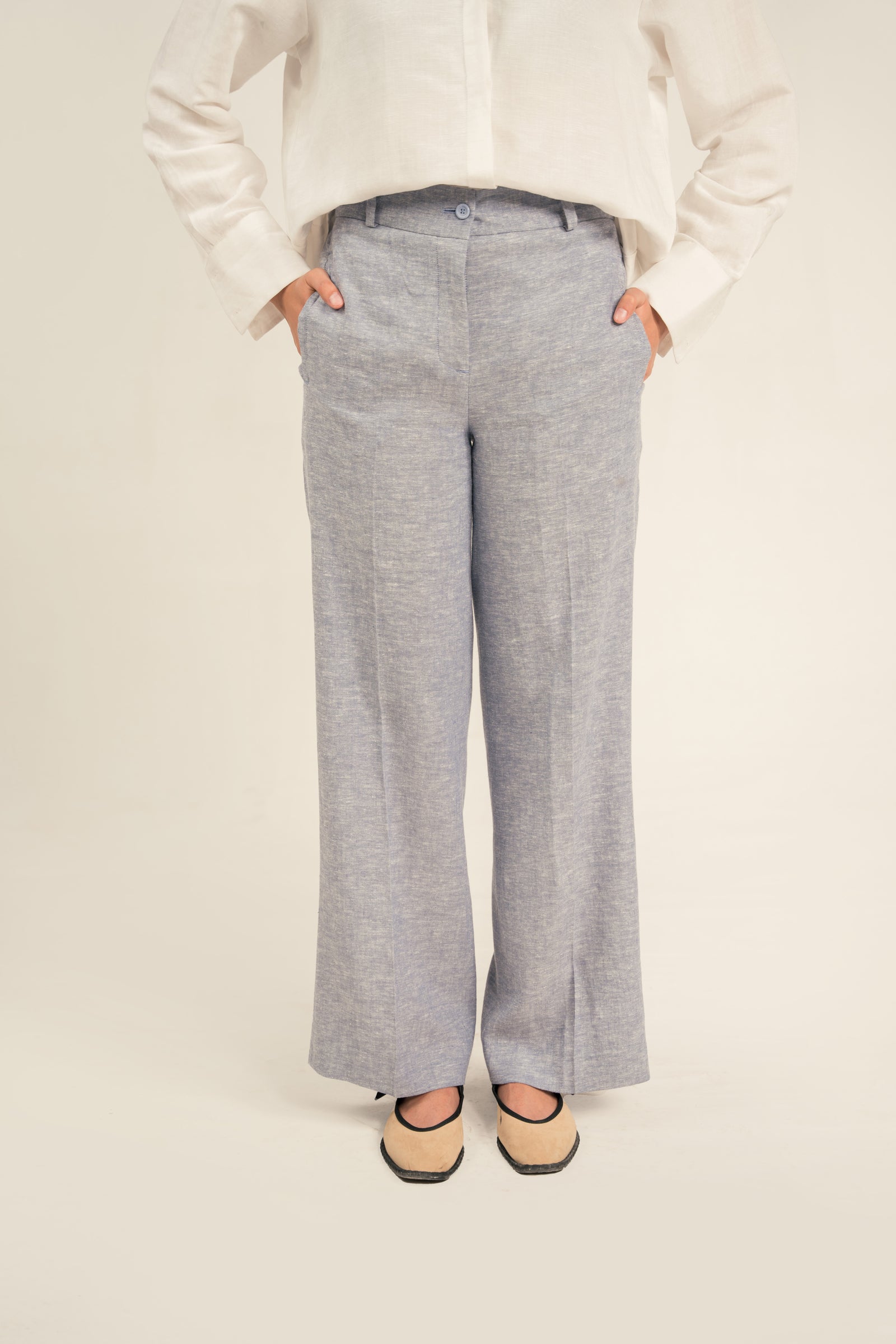 Light Blue Linen Wide Leg Trouser