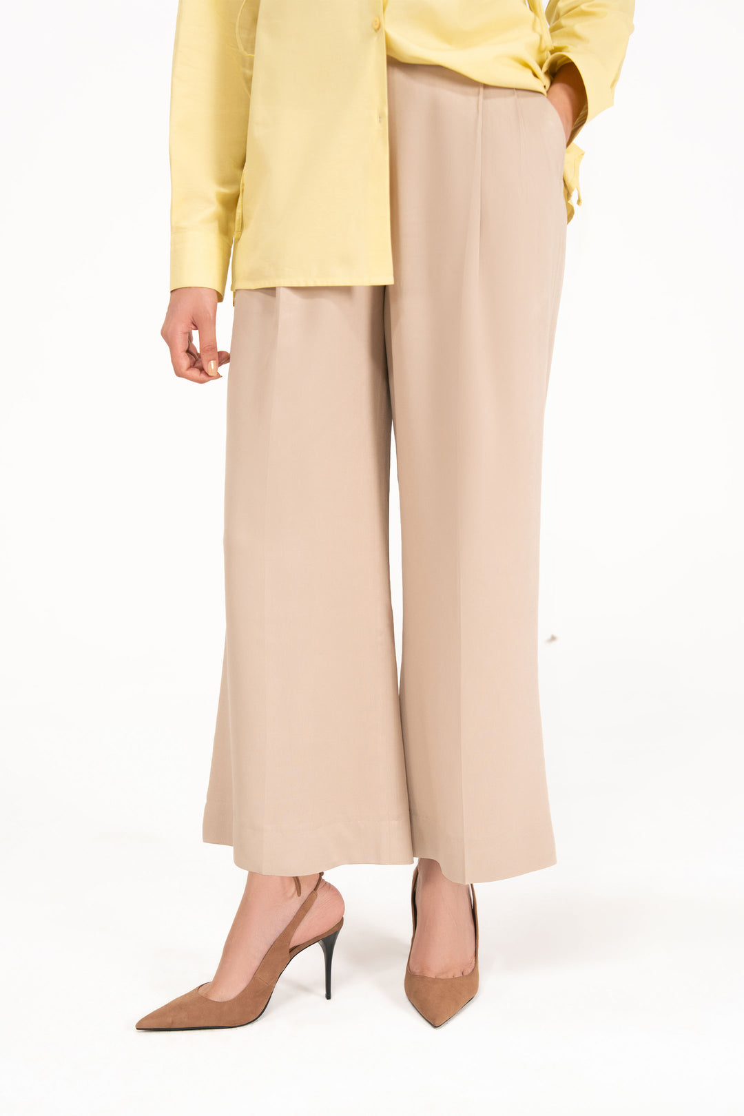 Beige Textured Wide Leg Trouser