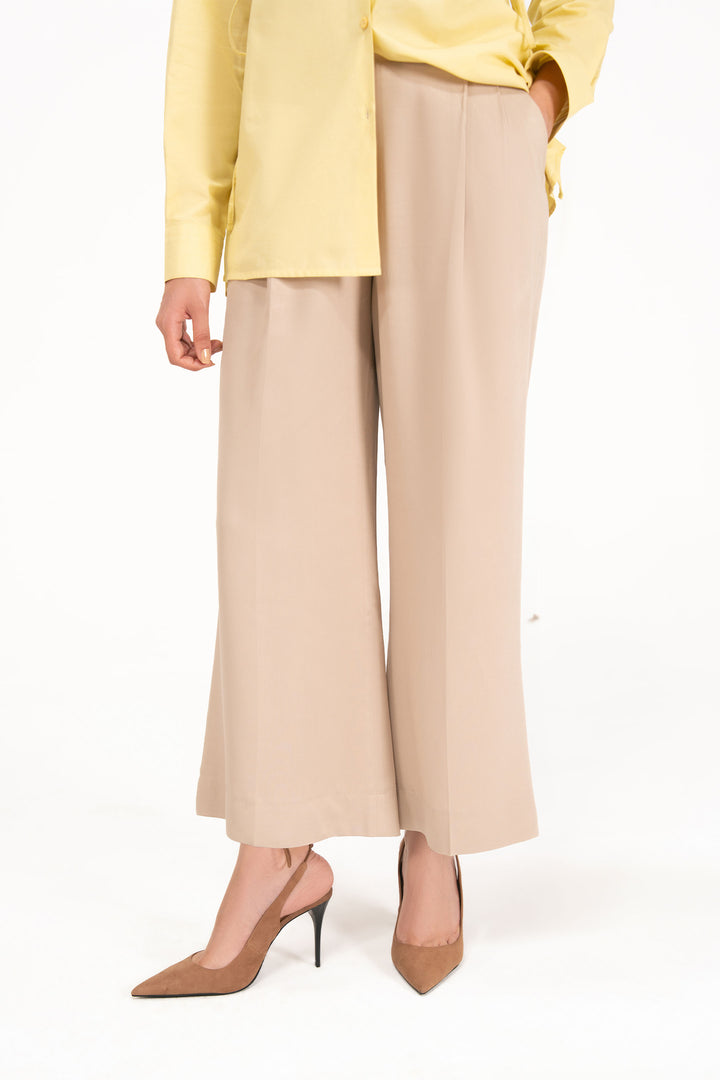 Beige Textured Wide Leg Trouser