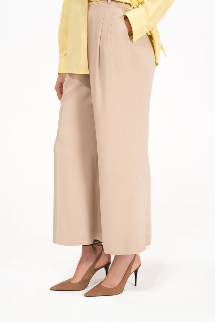 Beige Textured Wide Leg Trouser