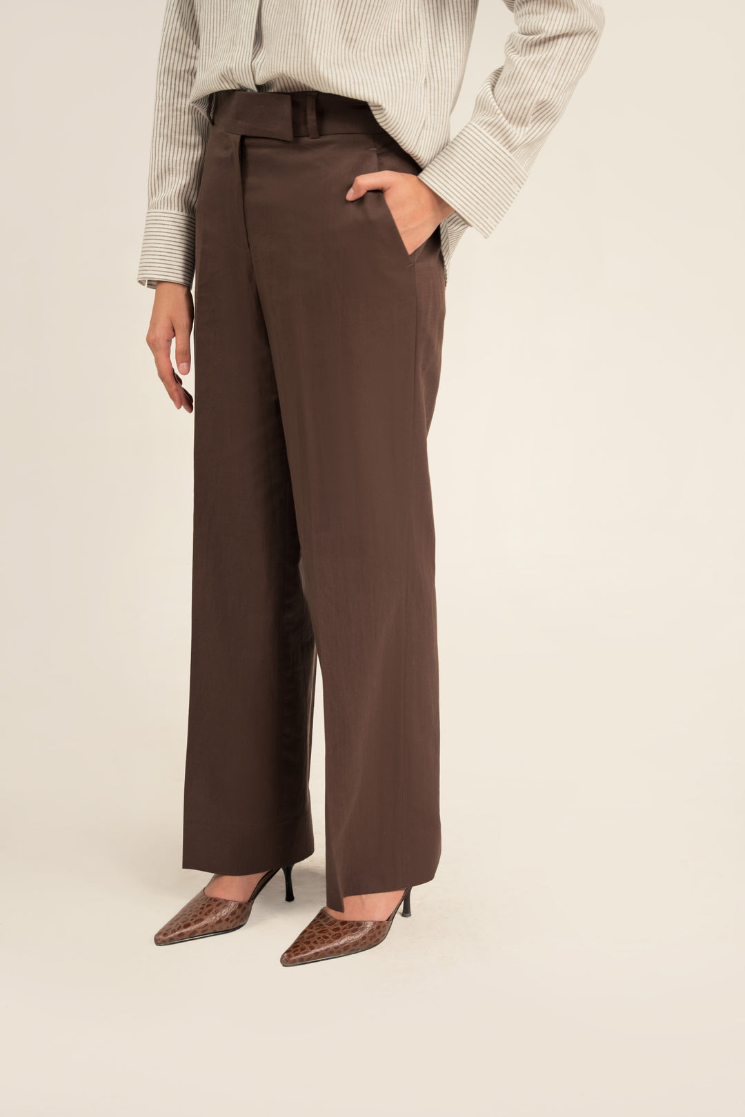 Brown Linen Wide Leg Trousers