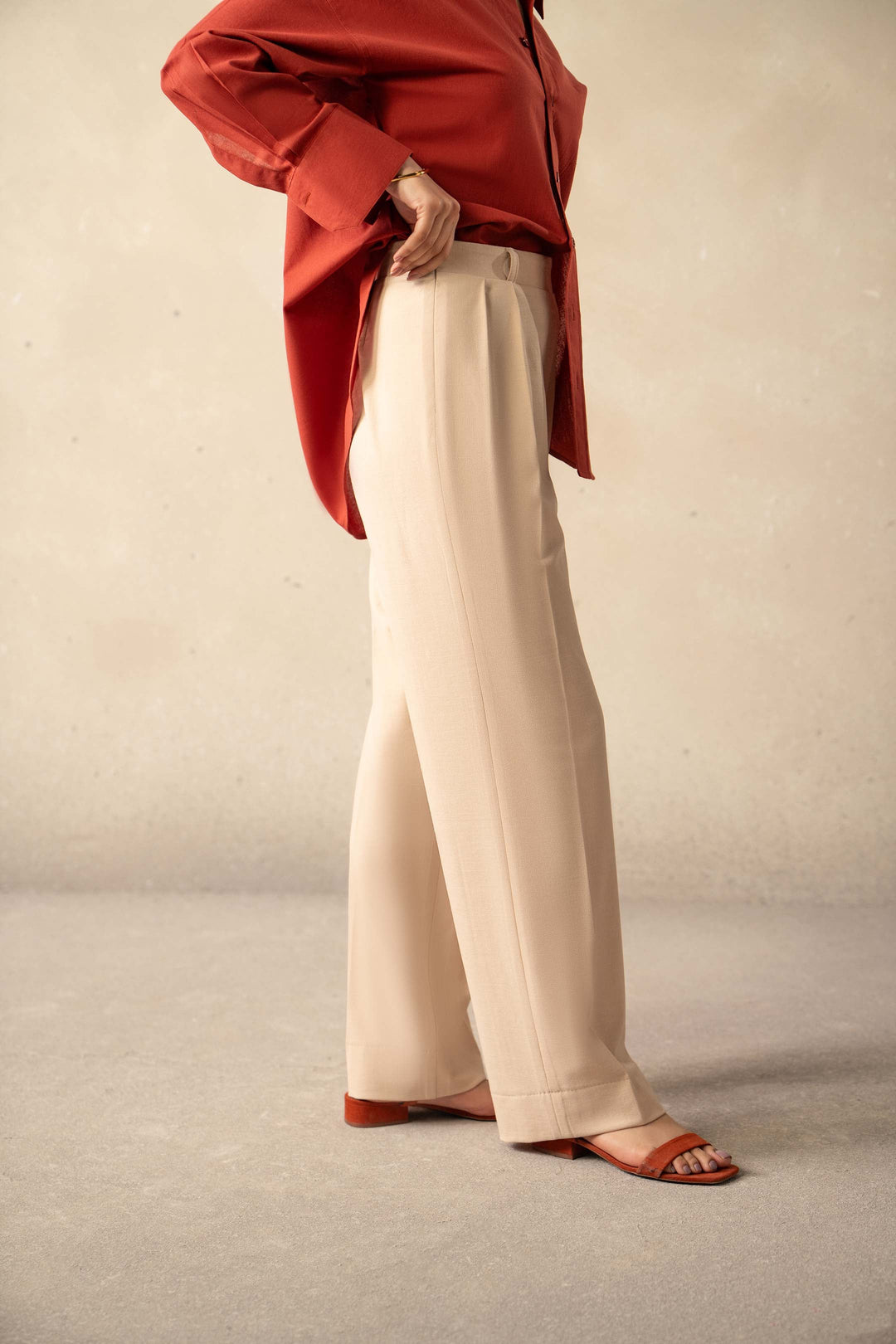 Beige Wide Leg Trouser With Pleats