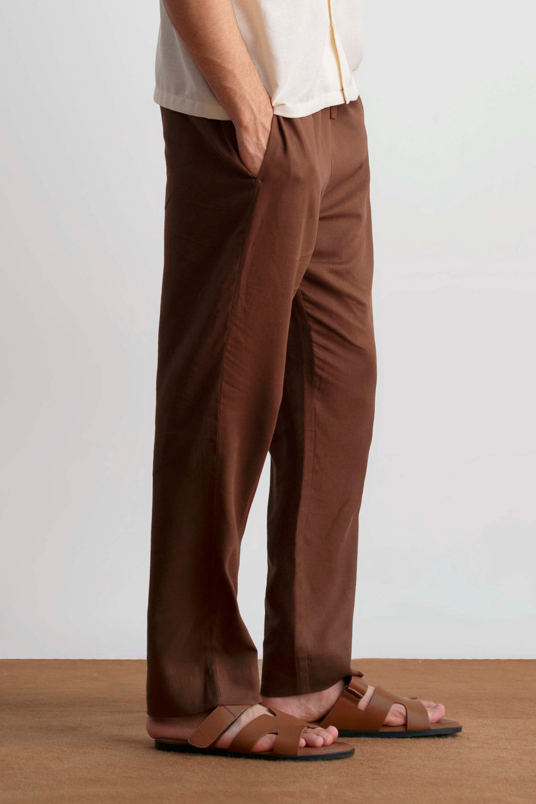 Brown Straight Fit Linen Trouser