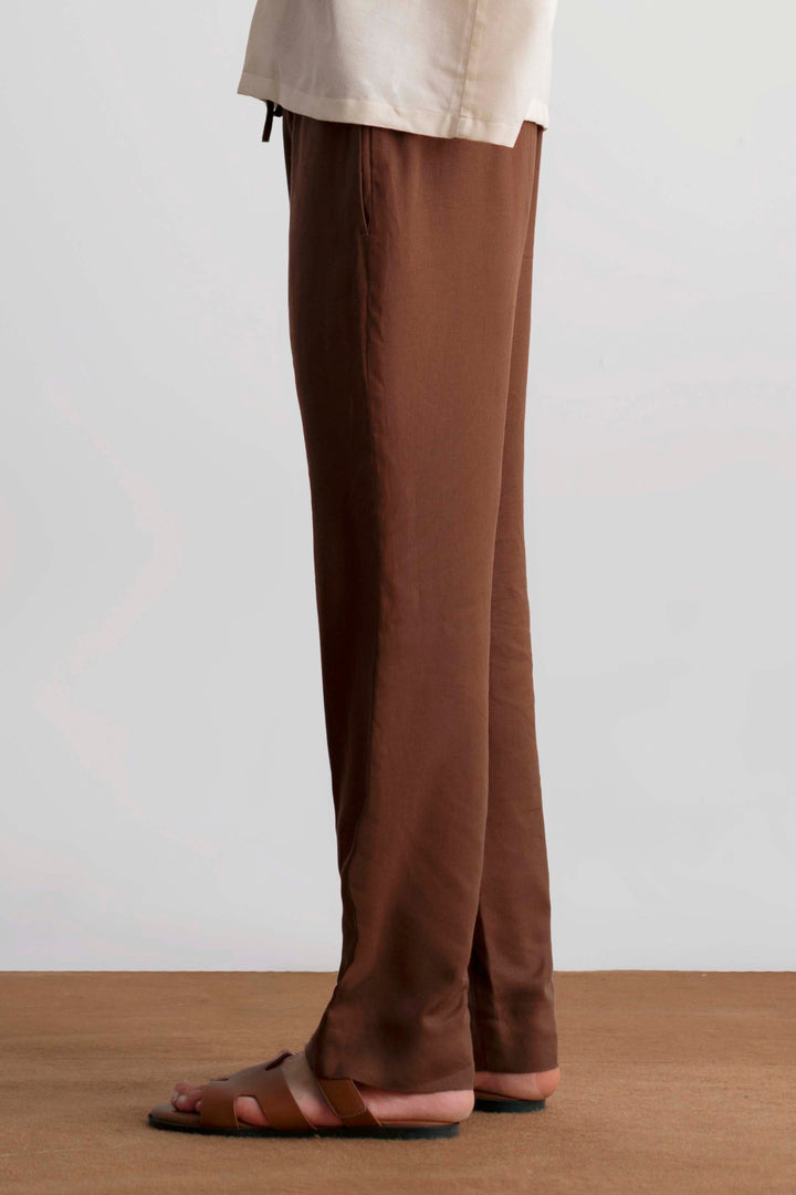 Brown Straight Fit Linen Trouser