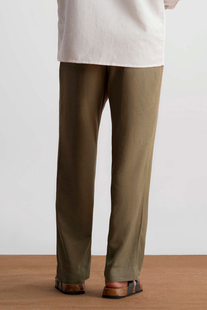 Olive Straight Fit Linen Trouser