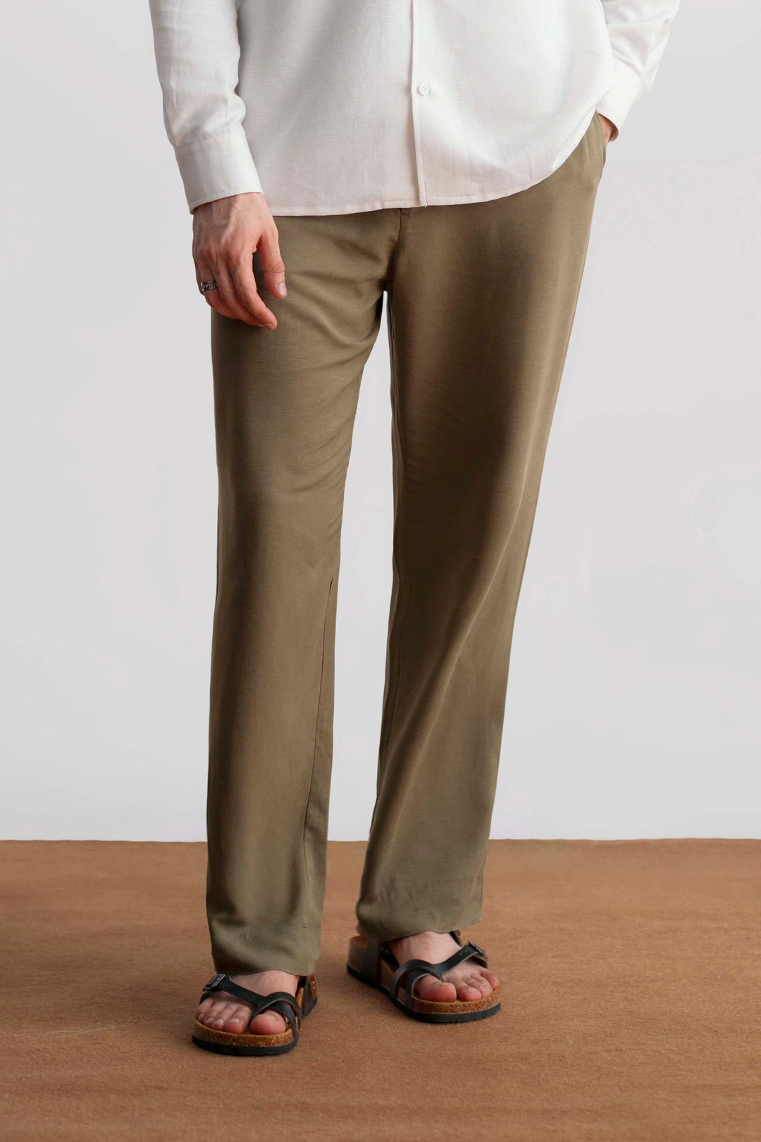 Olive Straight Fit Linen Trouser