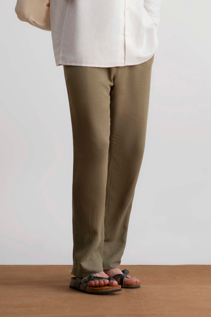 Olive Straight Fit Linen Trouser