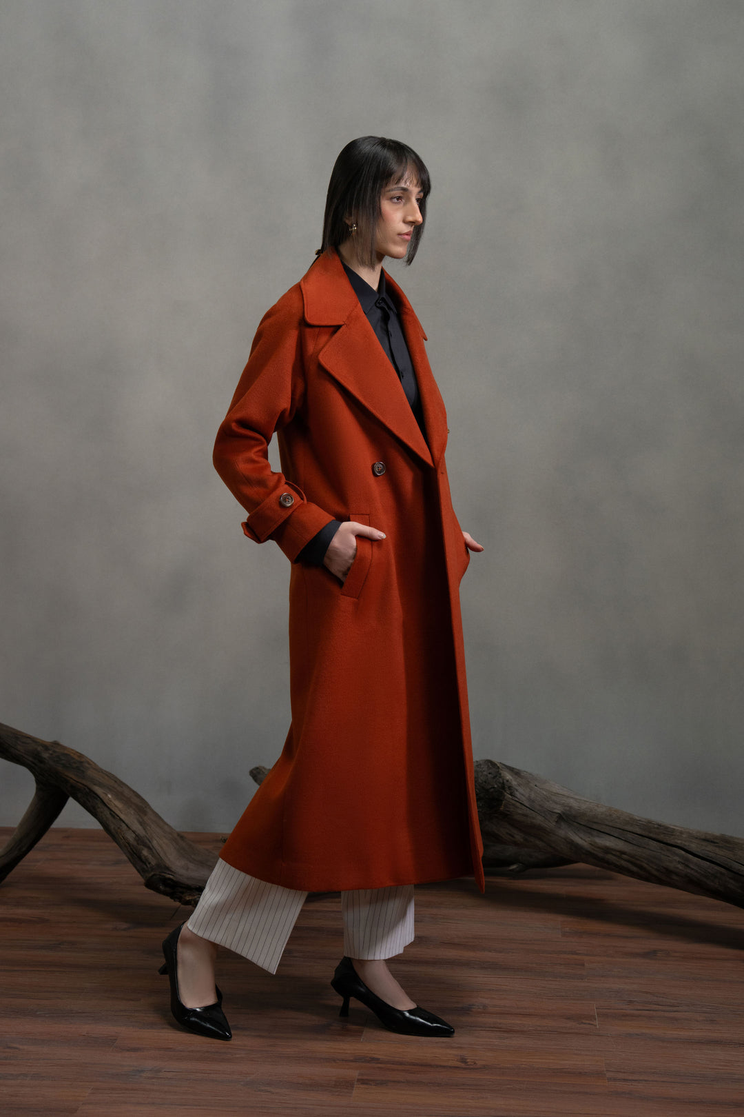 Rust Wool Double Breasted Long Coat