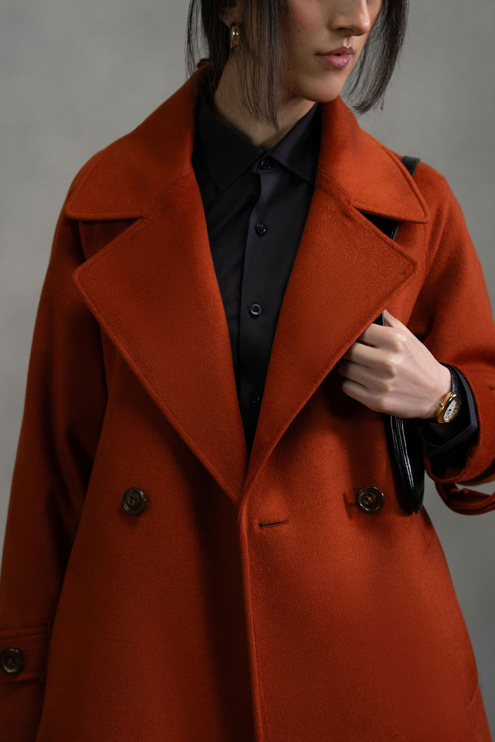 Rust Wool Double Breasted Long Coat