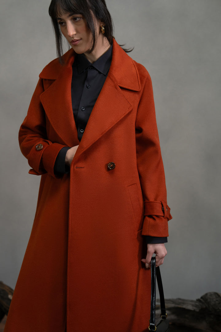 Rust Wool Double Breasted Long Coat