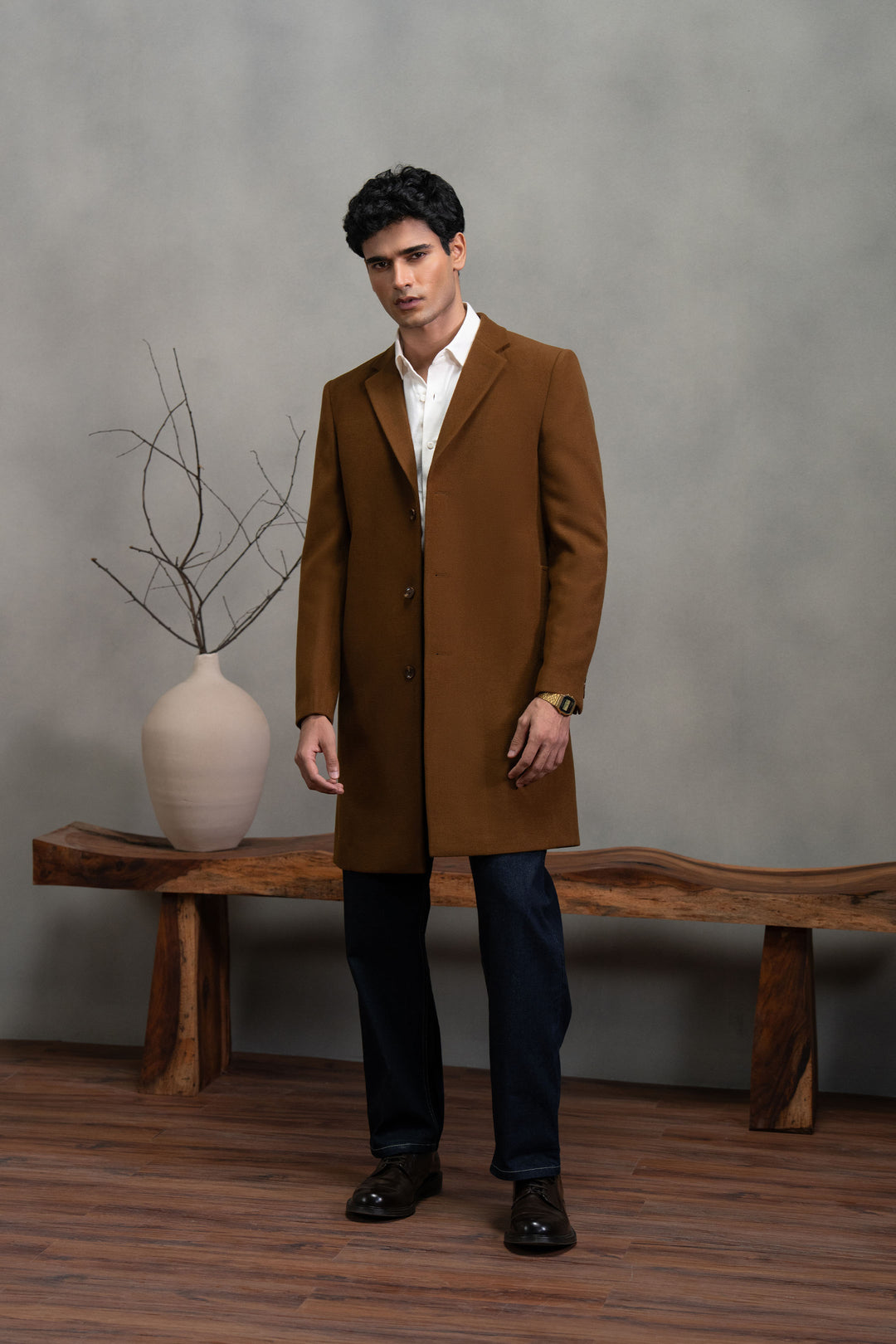 Brown Single Breasted Long Coat