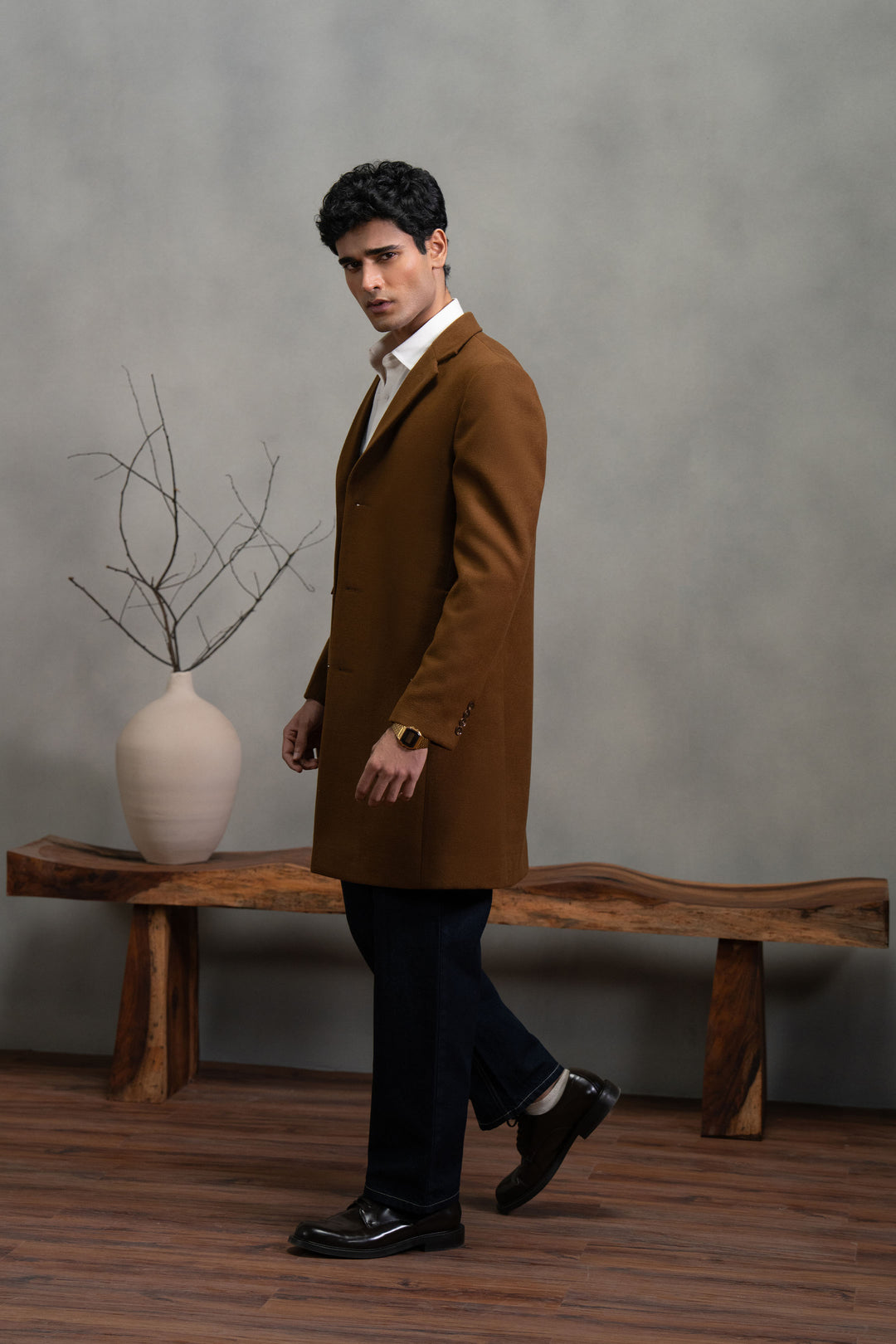 Brown Single Breasted Long Coat