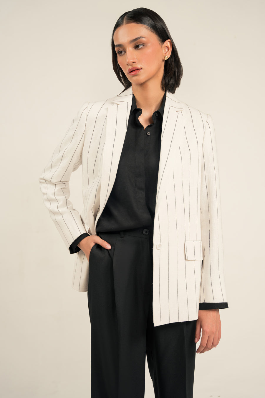 Black White Striped Linen Blazer - Main Image