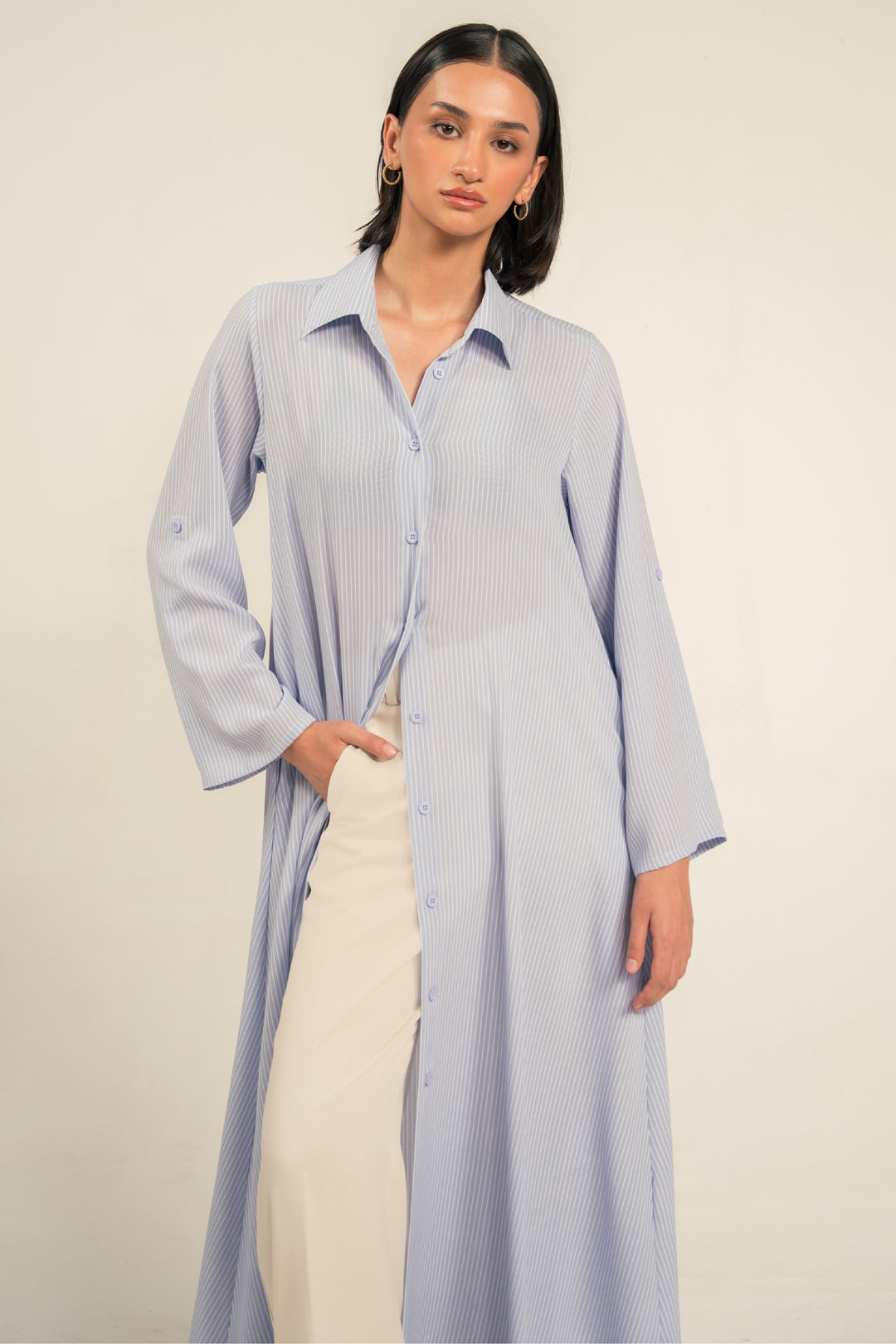 Blue Striped Long Shirt Dress with Pockets