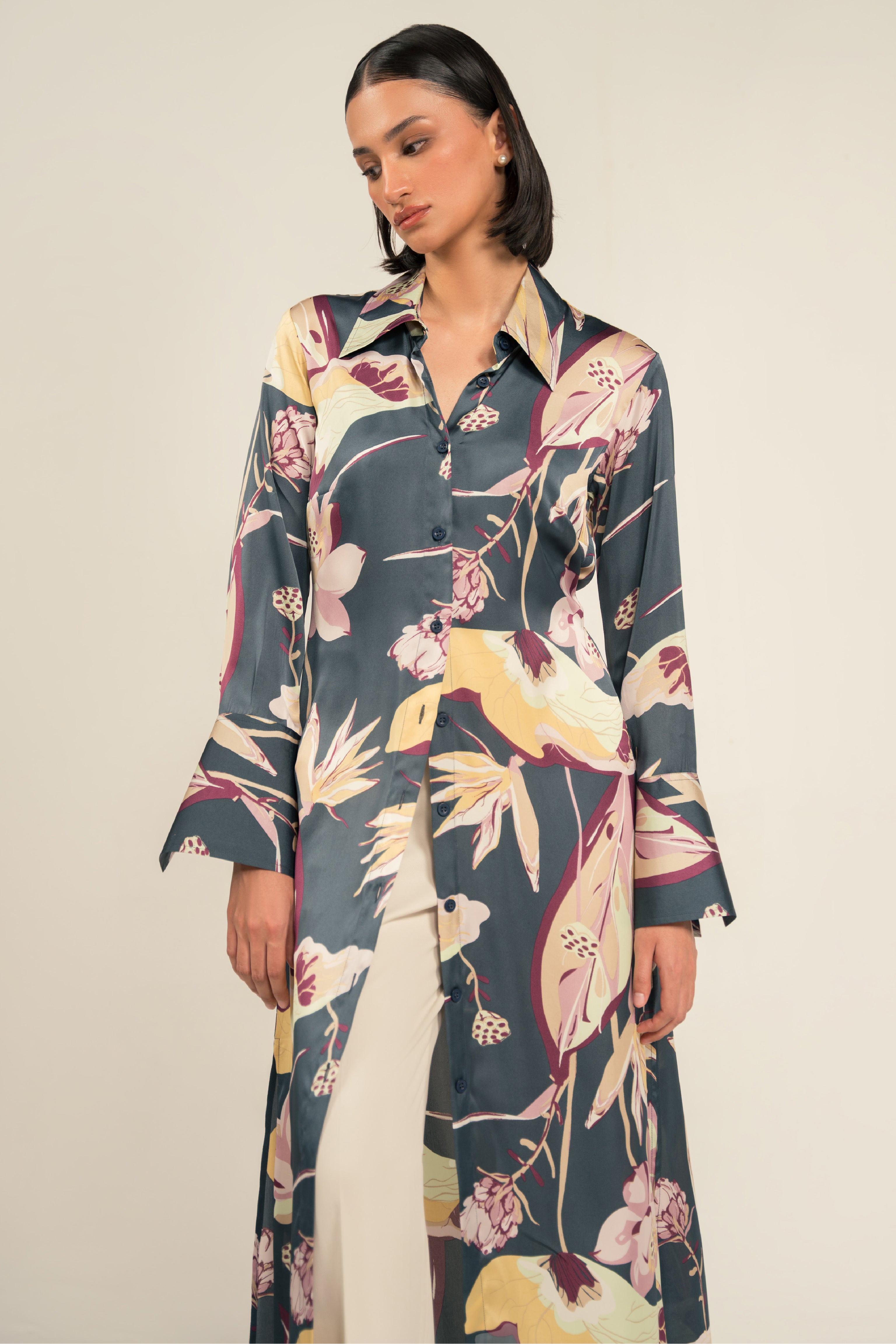 Digital Printed Long Shirt Dress BEIGE