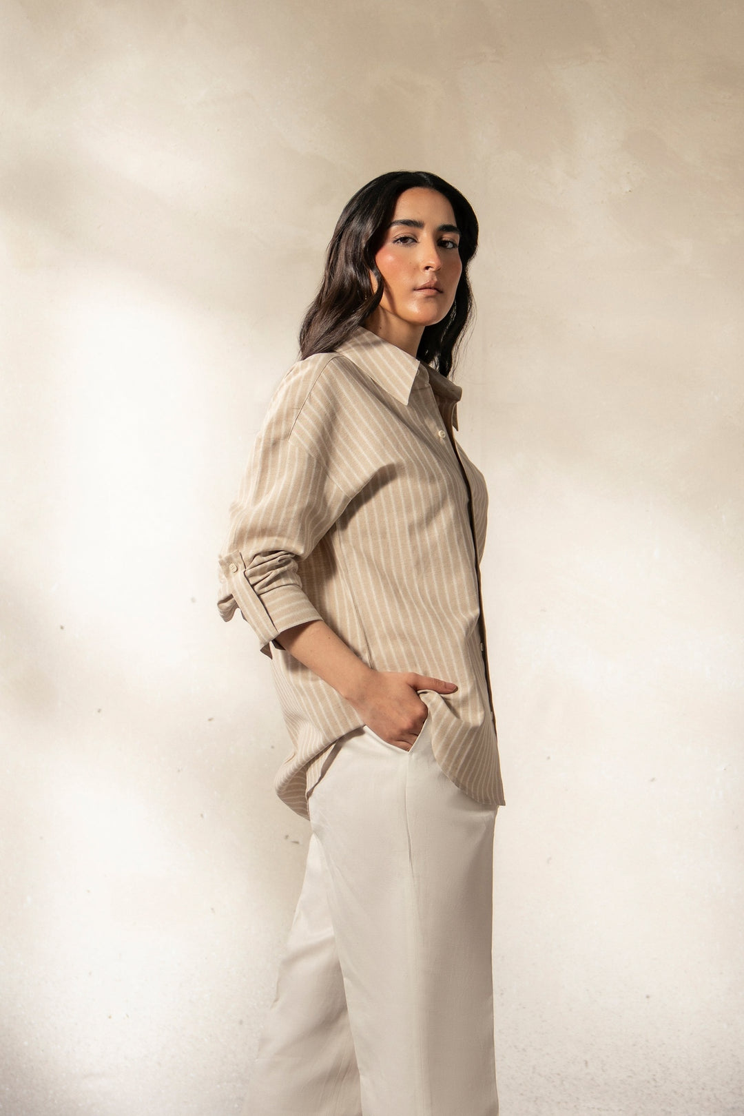 Beige Striped Linen Shirt