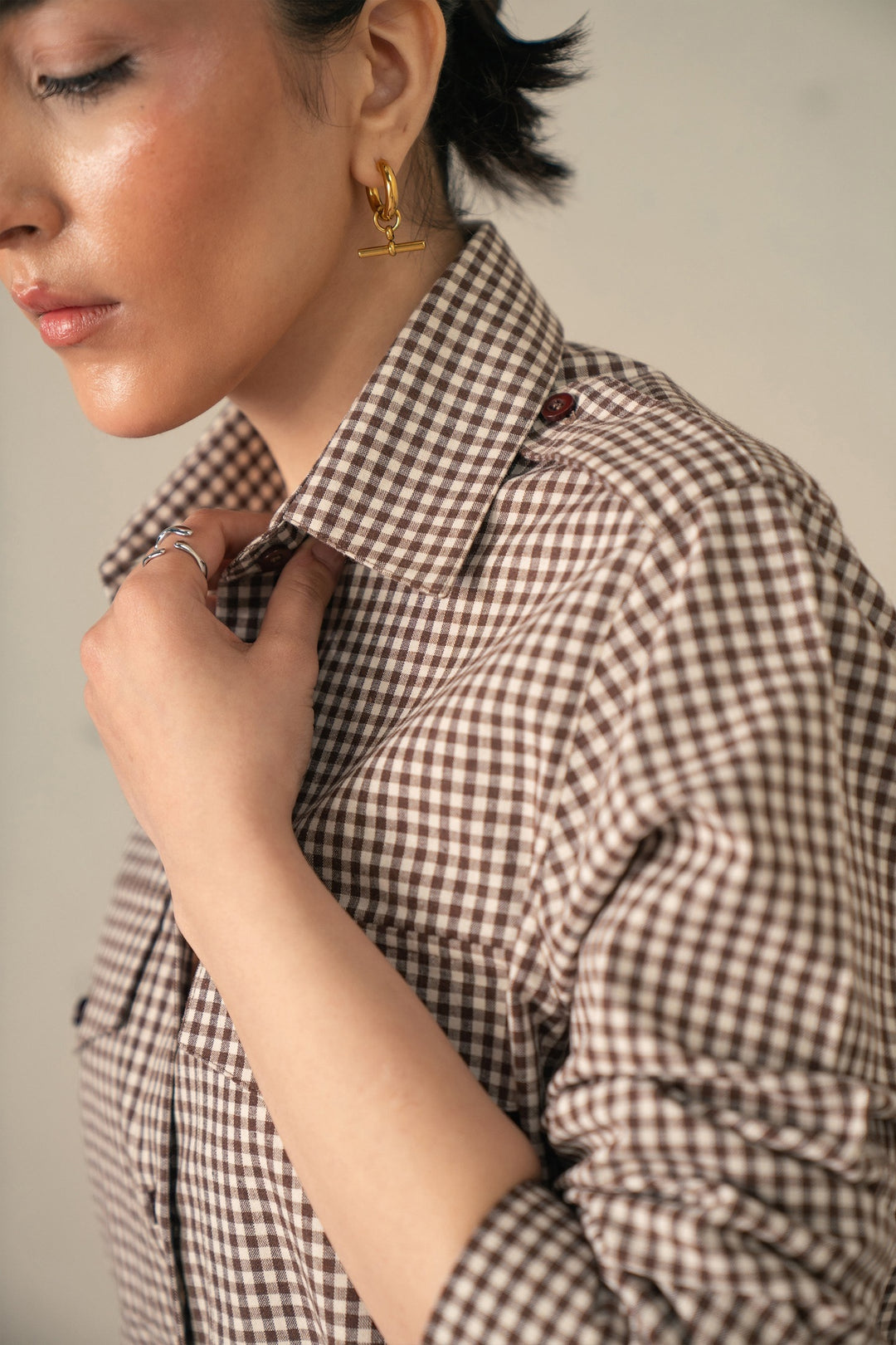 Brown Check Shirt With Shoulder Tab