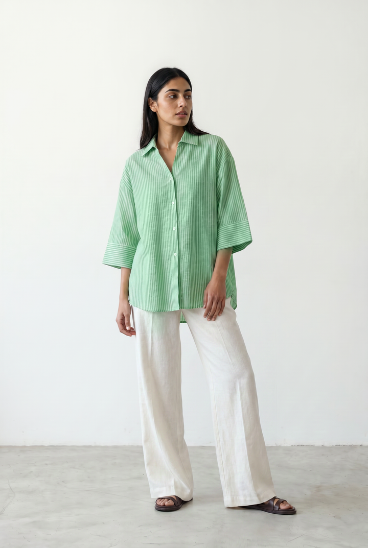Mint Shirt With Turnup Sleeves