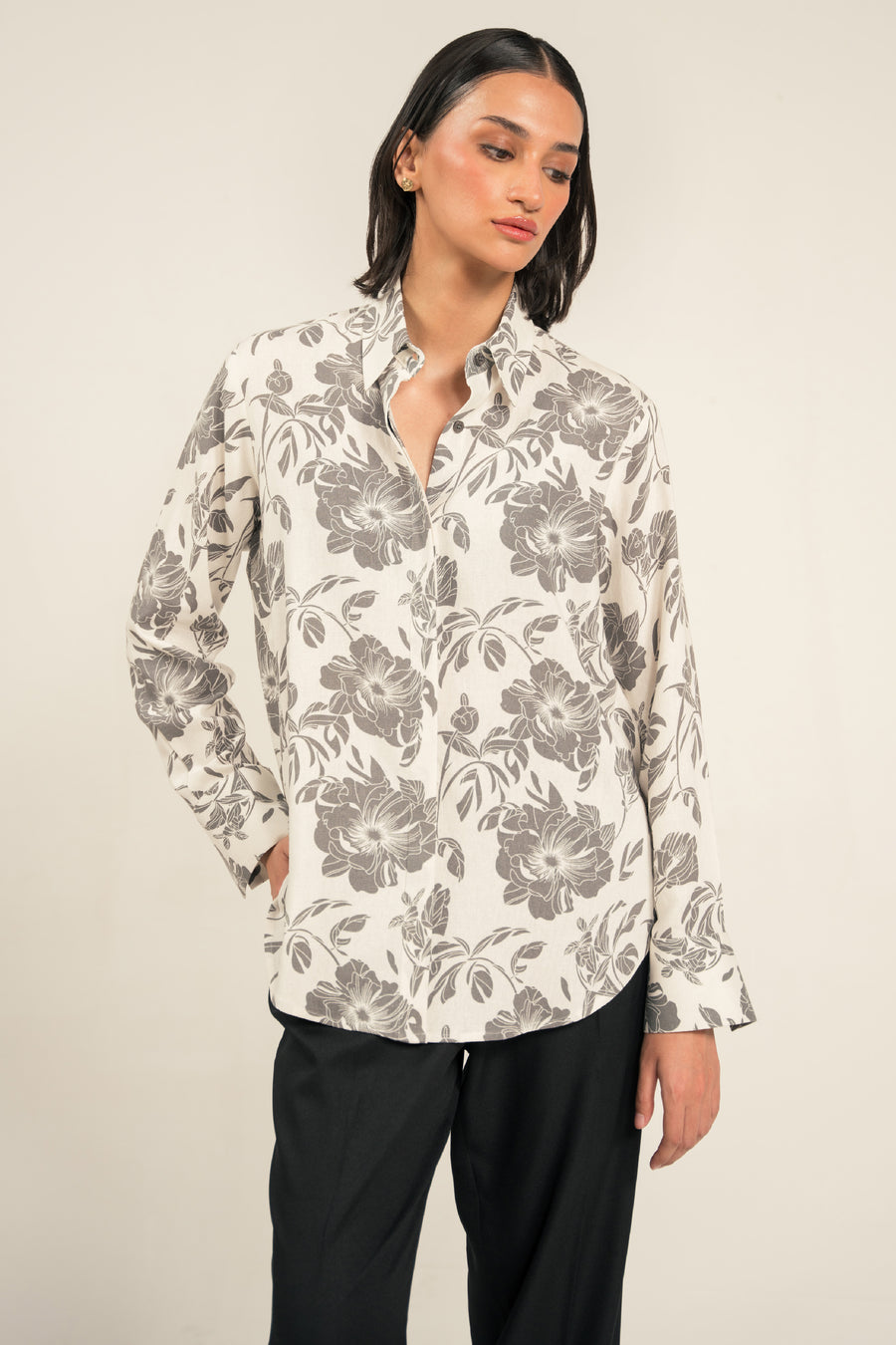 Grey Floral Linen Shirt