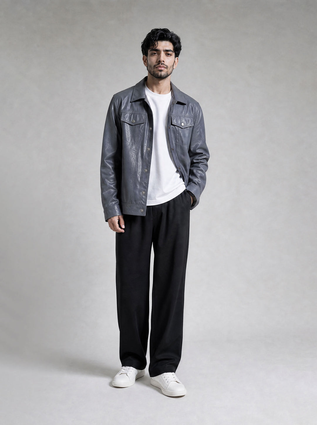 Grey Leather Effect Trucker Jacket