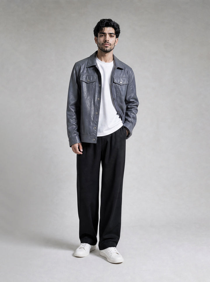 Grey Leather Effect Trucker Jacket