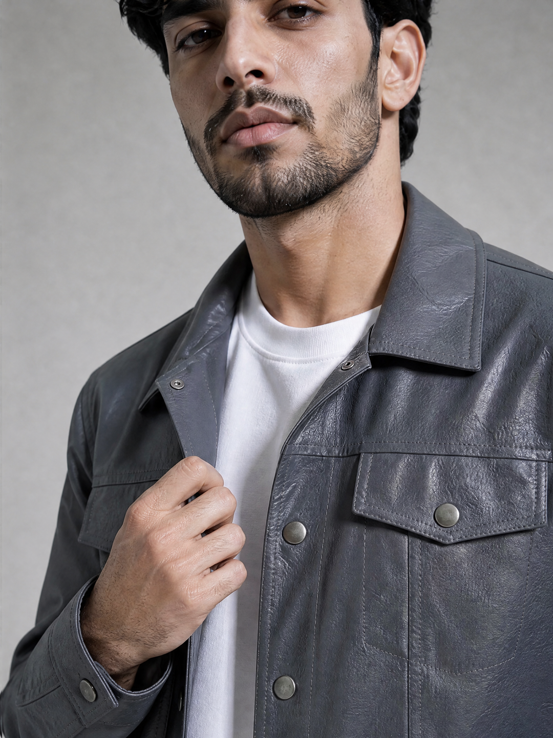 Grey Leather Effect Trucker Jacket
