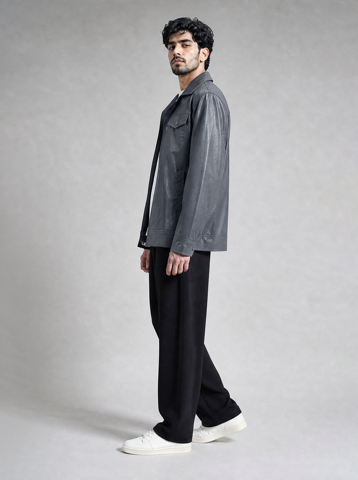 Grey Leather Effect Trucker Jacket