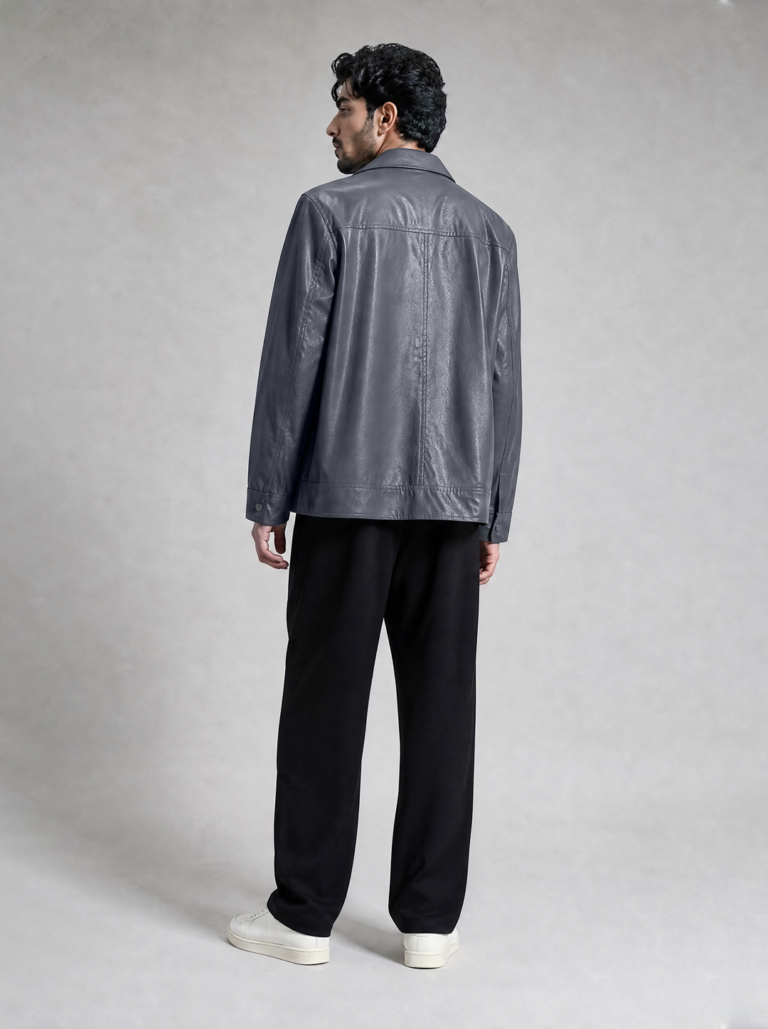 Grey Leather Effect Trucker Jacket