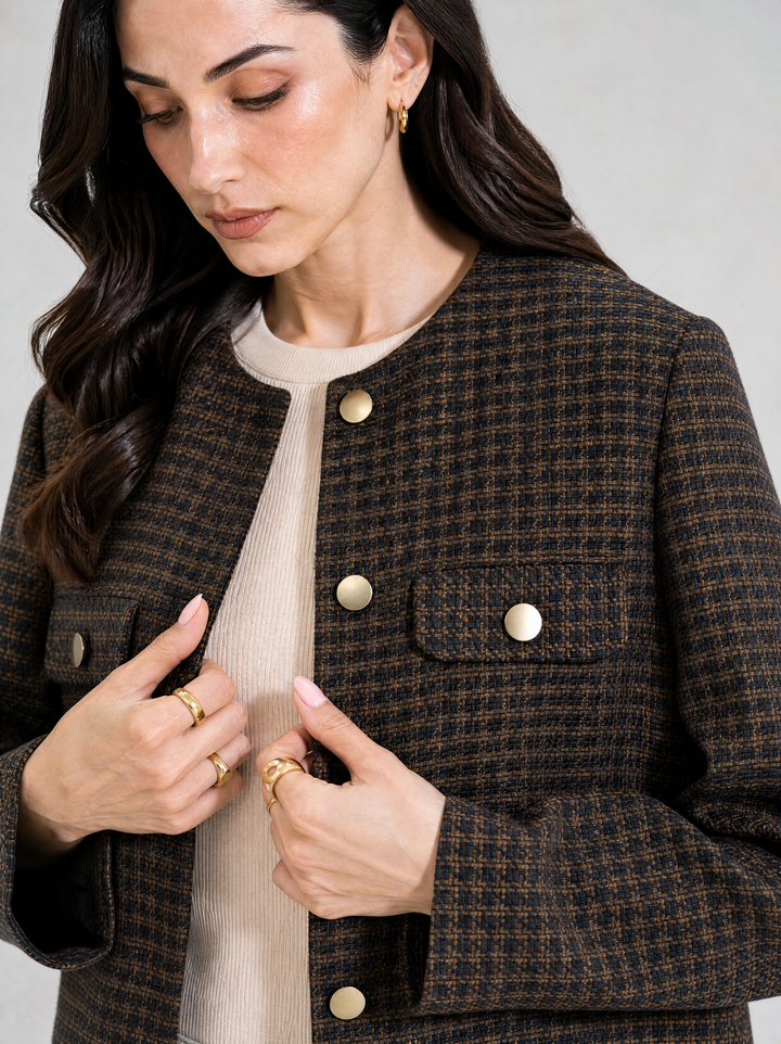 Textured Navy Round Neck Jacket