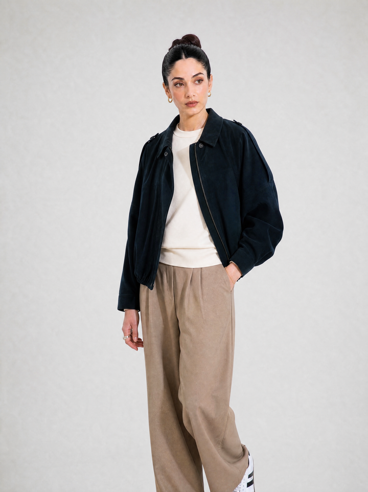 Navy Suede Bomber Jacket